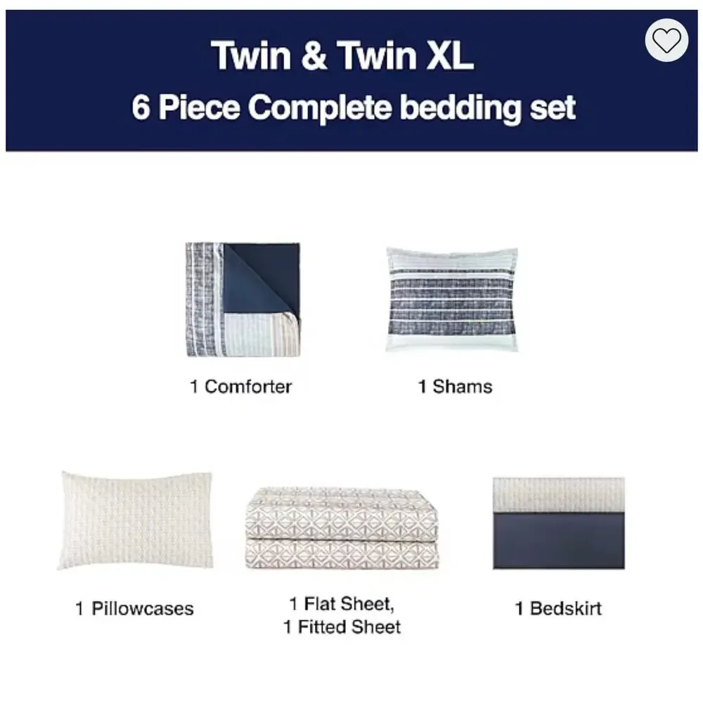 NEW! Home Expressions Mercer Stripes 6PC Complete Bedding Set With Sheets Twin